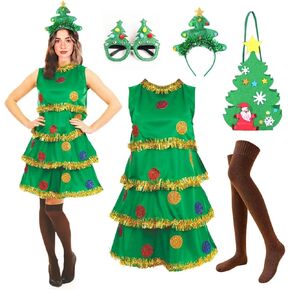 rericonq 5Pcs Christmas Tree Costume Women,Christmas Tree Dress Set with Glasses Bag Socks Headband for Woman