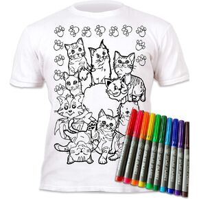 Splat Planet Color-in Cats T-Shirt with 6 Non-Toxic Washable Magic Pens - Color-in and Wash Out T-Shirt