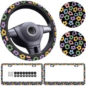 5 Pack, Flowers Vintage Groovy Steering Wheel Cover Universal 15 Inch, Vintage Groovy Flowers License Plate Frames 2 Holes with Screw Caps, Car Cup Coasters 2.75" Car Accessories for Women