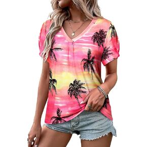 Womens Puff Short Sleeve Hawaiian Shirts Floral Tropic Printed Pleated V Neck Summer Casual T-Shirt Trendy Boho Blouses Tops