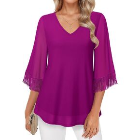 Lotusmile Womens Tops Dressy Casual Elegant Tassel 3/4 Sleeve Blouse Mesh Double Layers Fancy Shirts