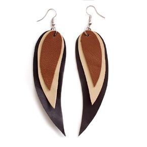 Dark brown, cream and brown Feather Leather Earrings, layered earrings, tribal Earrings, Boho earrings, dangle earrings, long earrings