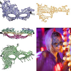 Civaner 4 Pieces Mardi Gras Lace Eye Masquerade Masks for Women Multicolored Half Face Vampire Venetian Mask Prom Ball Bar Costume Halloween Carnival Party Supplies
