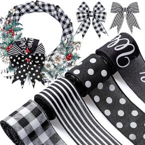 20 Yards Farmhouse Ribbon 4 Rolls Wired Ribbon Welcome Stripe Dot Buffalo Plaid Ribbon Wired Rustic Polyester Ribbon for Summer Wreaths Assorted DIY Present Wrapping Floral Bow Craft Decor(Black)