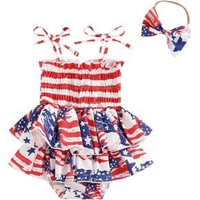 Karuedoo Newborn Baby Girl 4th of July Romper Dress Stars and Stripes Strap Sleeveless Tutu Bodysuit Jumpsuit with Headband