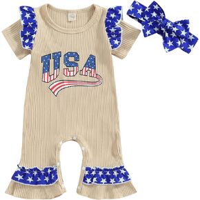 Baby 4th Of July Outfit Newborn Boy Girl Usa Ribbed Romper Ruffle Short Sleeve Jumpsuit Memorial Day Clothes
