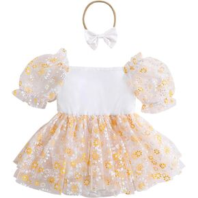 Infant Girl Romper Dress Daisy Print Short Puff Sleeve Mesh Hem Dress Baby Bodysuits with Headband Newborn Clothes (White, 0-3 Months)