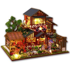 Yuzhen DIY Miniature Dollhouse with Furniture and LED Lights, Japanese Style Wooden Mini-Restaurant Includes Dustcover and Music Movement, Exquisite Home Decor