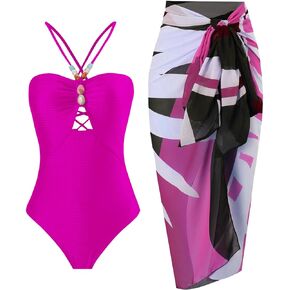 IBAKOM Three Pieces Swimsuits for Women with Wrap Skirt Swim Top Tummy Control Bikin Bottom Bathingsuit Cover Ups