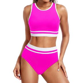 Yonique Women Sport Bikini Set Two Piece High Waist Swimsuit High Neck Colorblock Bathing Suit for Teen Juniors
