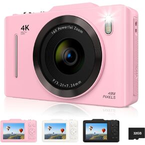 Digital Camera, FHD 4K 48MP Point and Shoot Digital Camera for Kids with 16X Zoom, 32GB Card, Anti-Shake, Compact Small Camera for Teens Boys Girls Beginner Kids Gift
