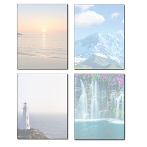 Scenic Stationery Variety - 4 Beautiful Designs - 80 Sheets - Lighthouse, Waterfall, Mountain, & Ocean Beach Sunset