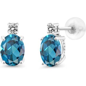 Gem Stone King 14K White Gold London Blue Topaz and White Diamond Earrings For Women (2.73 Cttw, Gemstone November Birthstone, Oval 8X6MM, Round 2.5MM)