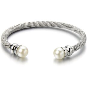 Classic Ladies Stainless Steel Bangle Bracelet with Synthetic White Pearl