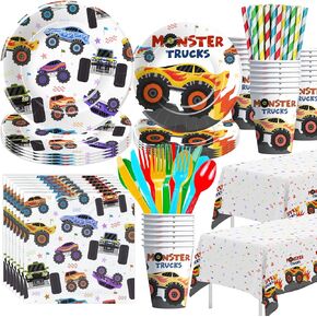 Monster Truck Birthday Party Supplies, Monster Theme Jam Party Decorations Tableware, Plate, Cup, Napkin, Tablecloth, Cutlery, Straw, Monster Truck Plates And Napkins Dinnerware | Serve 24