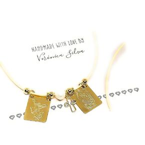 18k Gold Filled Scapular Leather Cord Choker Necklace Double Knotted Adjustable (BEIGE)