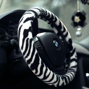 Fluffy Zebra Plush Steering Wheel Cover for Women/Girls/Ladies, Soft Fur Steering Cover for Winter Warm, Universal 15 inch, Black White