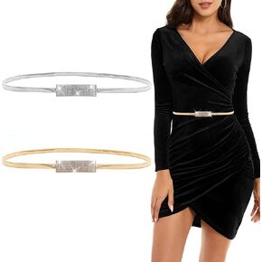 2PCS Women Skinny Metal Chain Waist Belt Shiny Fashion Rhinestone Dress Belts, Metal Stretch Waist Skinny Belt Waistband for skirts(Gold, Silver)