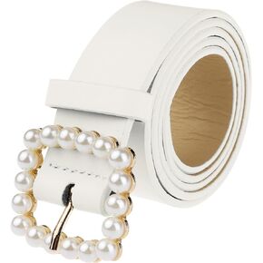Women Faux Leather Pearl Buckle Belt, 1.2" Wide Waistband Waist Belts for Jeans Pants Dresses