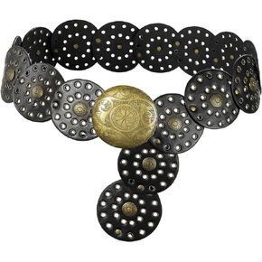 Liutufy Wide Disc Belt for Women Vintage Hollow Boho Leather Belt Western Chunky Waist Belt Cowboy Metal Buckle Concho Belts