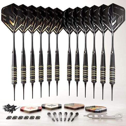 مجموعة سهام ذات رأس ناعم ممتازة 12 × 18 جم من CC-Exquisite | سهام ذات أطراف بلاستيكية | - 18 جرامًا من السهام للوحة السهام الإلكترونية | 24 رحلة طيران و18 عمودًا + أطراف ناعمة إضافية، أداة رمي السهام، حلقات دائرية مطاطية in Kuwait