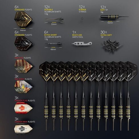 مجموعة سهام ذات رأس ناعم ممتازة 12 × 18 جم من CC-Exquisite | سهام ذات أطراف بلاستيكية | - 18 جرامًا من السهام للوحة السهام الإلكترونية | 24 رحلة طيران و18 عمودًا + أطراف ناعمة إضافية، أداة رمي السهام، حلقات دائرية مطاطية in Kuwait