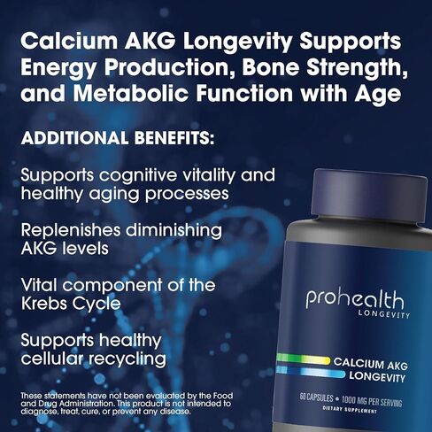 ProHealth Calcium Supplement, Ca AKG Supplement (Alpha Ketoglutarate) (1,000 mg per 2 Capsule Serving, 60 Capsules). Supports Cellular Energy, Metabolic Function and Healthy Aging Processes. in Saudi Arabia