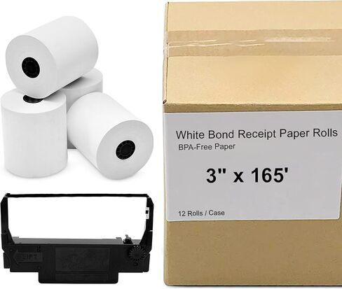 12 علبة لفة مكونة من ورق لف إيصالات Clover White مقاس 3 بوصات × 165 بوصة لطابعة Star SP700 وشريط حبر أسود للطابعة Epson ERC-30/34/38 in Kuwait