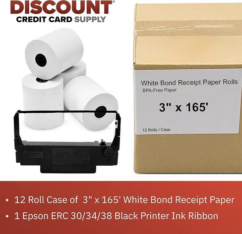 12 علبة لفة مكونة من ورق لف إيصالات Clover White مقاس 3 بوصات × 165 بوصة لطابعة Star SP700 وشريط حبر أسود للطابعة Epson ERC-30/34/38 in Kuwait