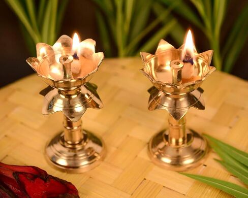 Set of 2 Brass Lotus Shape Kamal Diya Oil Lamp Stand for Home Temple Akhand Puja Engraved Design Dia for Home Office Festival Puja Gifts Decor (2 Pcs, Golden) in Kuwait