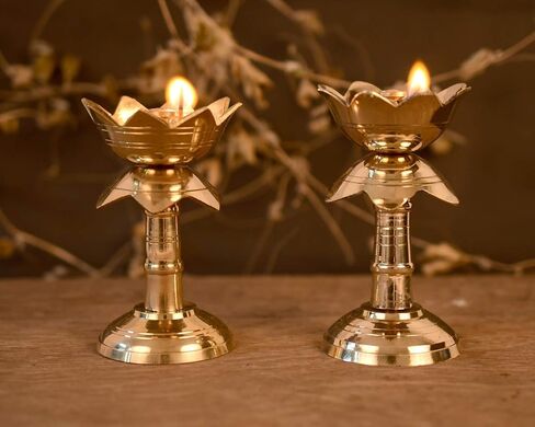Set of 2 Brass Lotus Shape Kamal Diya Oil Lamp Stand for Home Temple Akhand Puja Engraved Design Dia for Home Office Festival Puja Gifts Decor (2 Pcs, Golden) in Kuwait