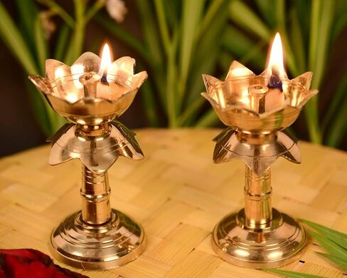 Set of 2 Brass Lotus Shape Kamal Diya Oil Lamp Stand for Home Temple Akhand Puja Engraved Design Dia for Home Office Festival Puja Gifts Decor (2 Pcs, Golden) in Kuwait