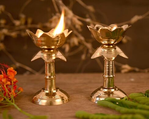 Set of 2 Brass Lotus Shape Kamal Diya Oil Lamp Stand for Home Temple Akhand Puja Engraved Design Dia for Home Office Festival Puja Gifts Decor (2 Pcs, Golden) in Kuwait