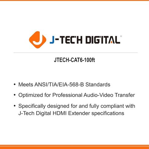 كابل إيثرنت رقمي Cat6 من J-Tech بطول 100 قدم صلب 23AWG UTP 100% من النحاس النقي للشبكة ونقل الفيديو والصوت عالي الأداء [JTECH-CAT6-100ft] in Kuwait