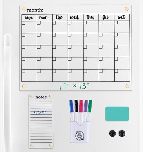 Clear Magnetic Calendar for Fridge w/Gold Magnets 17"x13" White Print | Included 4"x9" Acrylic Notepad & Accessories | Magnetic Acrylic Calendar for Fridge | Clear Fridge Calendar in Kuwait