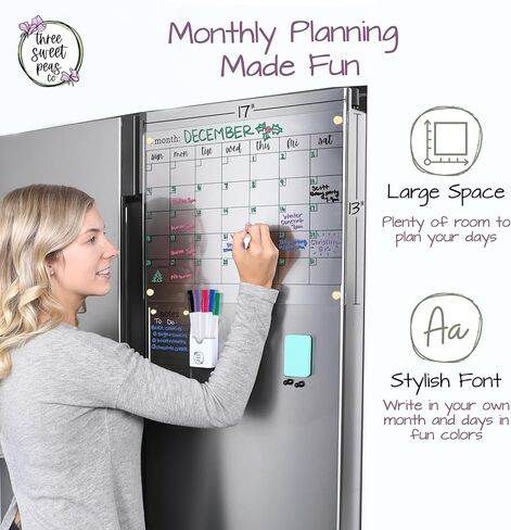 Clear Magnetic Calendar for Fridge w/Gold Magnets 17"x13" White Print | Included 4"x9" Acrylic Notepad & Accessories | Magnetic Acrylic Calendar for Fridge | Clear Fridge Calendar in Kuwait