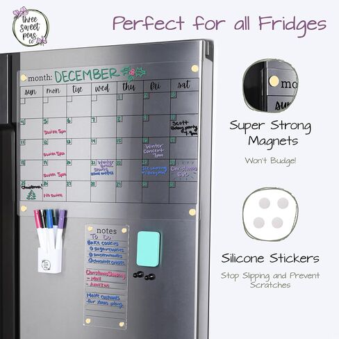 Clear Magnetic Calendar for Fridge w/Gold Magnets 17"x13" White Print | Included 4"x9" Acrylic Notepad & Accessories | Magnetic Acrylic Calendar for Fridge | Clear Fridge Calendar in Kuwait