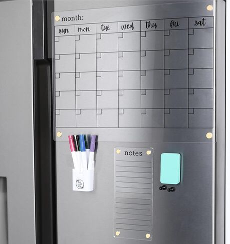 Clear Magnetic Calendar for Fridge w/Gold Magnets 17"x13" White Print | Included 4"x9" Acrylic Notepad & Accessories | Magnetic Acrylic Calendar for Fridge | Clear Fridge Calendar in Kuwait
