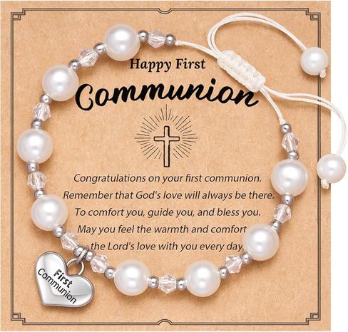 First Communion Bracelet for Girls, White Pearl Bracelet for Girl, Fits 6-8 Inch Wrists, Heart Charm Jewelry Gift with Gift Pouch for Daughter Niece Granddaughter in Saudi Arabia