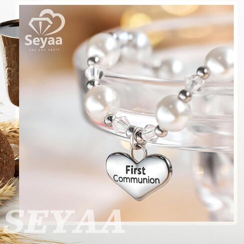 First Communion Bracelet for Girls, White Pearl Bracelet for Girl, Fits 6-8 Inch Wrists, Heart Charm Jewelry Gift with Gift Pouch for Daughter Niece Granddaughter in Saudi Arabia