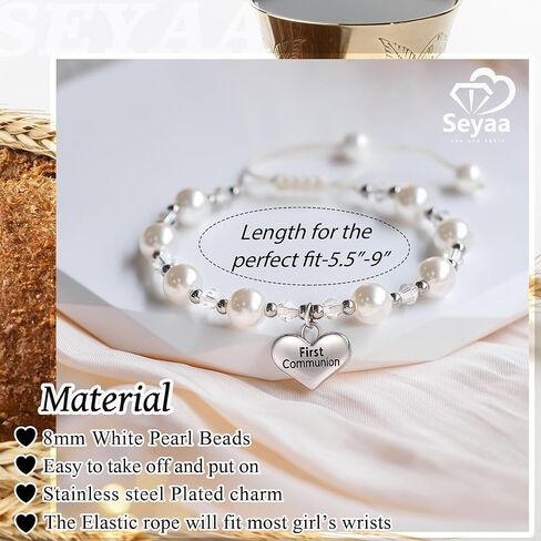 First Communion Bracelet for Girls, White Pearl Bracelet for Girl, Fits 6-8 Inch Wrists, Heart Charm Jewelry Gift with Gift Pouch for Daughter Niece Granddaughter in Saudi Arabia