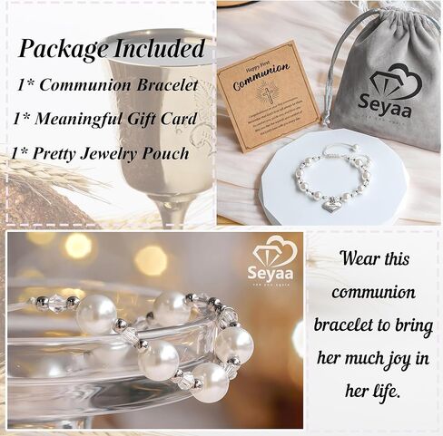 First Communion Bracelet for Girls, White Pearl Bracelet for Girl, Fits 6-8 Inch Wrists, Heart Charm Jewelry Gift with Gift Pouch for Daughter Niece Granddaughter in Saudi Arabia