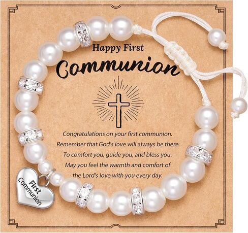 First Communion Bracelet for Girls, White Pearl Bracelet for Girl, Fits 6-8 Inch Wrists, Heart Charm Jewelry Gift with Gift Pouch for Daughter Niece Granddaughter in Saudi Arabia
