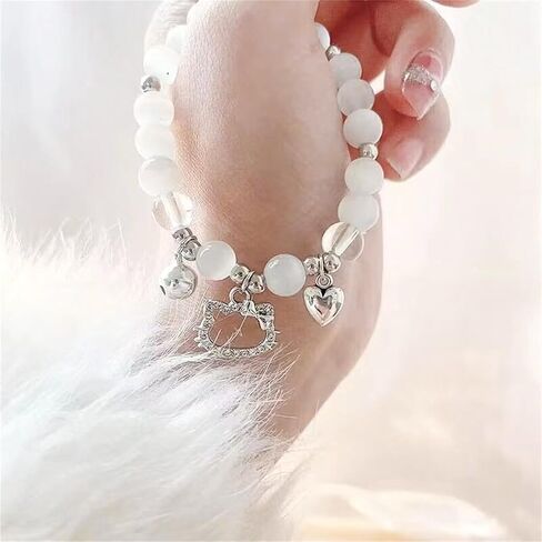 Hello Crystal Beads Bracelet, Cute Kiity Charm Bracelet Kawaii Cartoon Beaded Bracelet with Heart & Bells Charm in Saudi Arabia