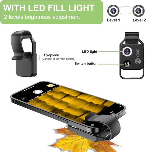 مجهر هاتف 200X مع عدسة CPL، ملحقات مجهر رقمي للهاتف الذكي بجيب صغير متوافقة مع معظم الهواتف، مجهر مكبر مع ضوء LED، هدية للأطفال البالغين in Kuwait
