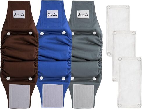 حفاضات الكلاب الذكور القابلة للغسل من SlowTon - أربطة بطن للكلاب أعرض بنسبة 20% وعالية الامتصاص مع وسادات قابلة للإزالة - 3 عبوات من أغطية الكلاب الناعمة القابلة لإعادة الاستخدام مع مقاومة للتسرب (رمادي، أزرق، بني، صغير) in Kuwait