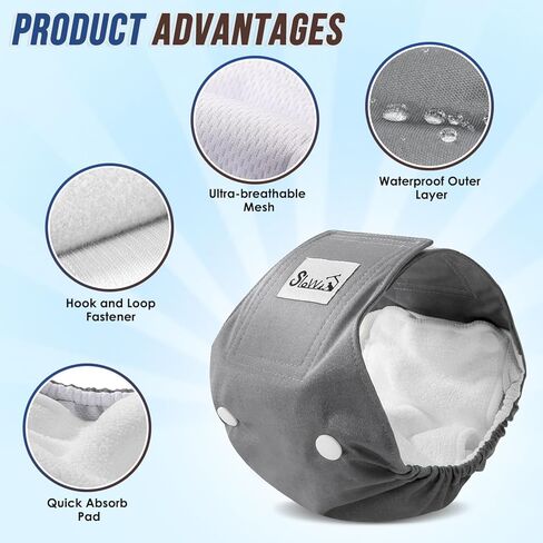 حفاضات الكلاب الذكور القابلة للغسل من SlowTon - أربطة بطن للكلاب أعرض بنسبة 20% وعالية الامتصاص مع وسادات قابلة للإزالة - 3 عبوات من أغطية الكلاب الناعمة القابلة لإعادة الاستخدام مع مقاومة للتسرب (رمادي، أزرق، بني، صغير) in Kuwait