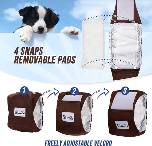 حفاضات الكلاب الذكور القابلة للغسل من SlowTon - أربطة بطن للكلاب أعرض بنسبة 20% وعالية الامتصاص مع وسادات قابلة للإزالة - 3 عبوات من أغطية الكلاب الناعمة القابلة لإعادة الاستخدام مع مقاومة للتسرب (رمادي، أزرق، بني، صغير) in Kuwait