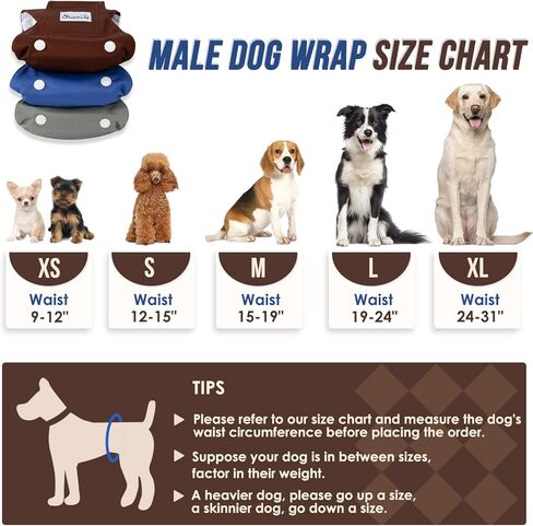 حفاضات الكلاب الذكور القابلة للغسل من SlowTon - أربطة بطن للكلاب أعرض بنسبة 20% وعالية الامتصاص مع وسادات قابلة للإزالة - 3 عبوات من أغطية الكلاب الناعمة القابلة لإعادة الاستخدام مع مقاومة للتسرب (رمادي، أزرق، بني، صغير) in Kuwait