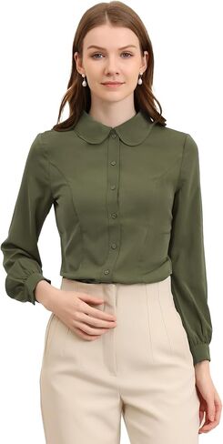 Allegra K Women's Button Up Shirt Business Casual Career Peter Pan Collar Long Bishop Sleeve Blouse in Saudi Arabia